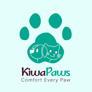 Logo of Kiwa Paws with a paw-shaped design on a light blue background
